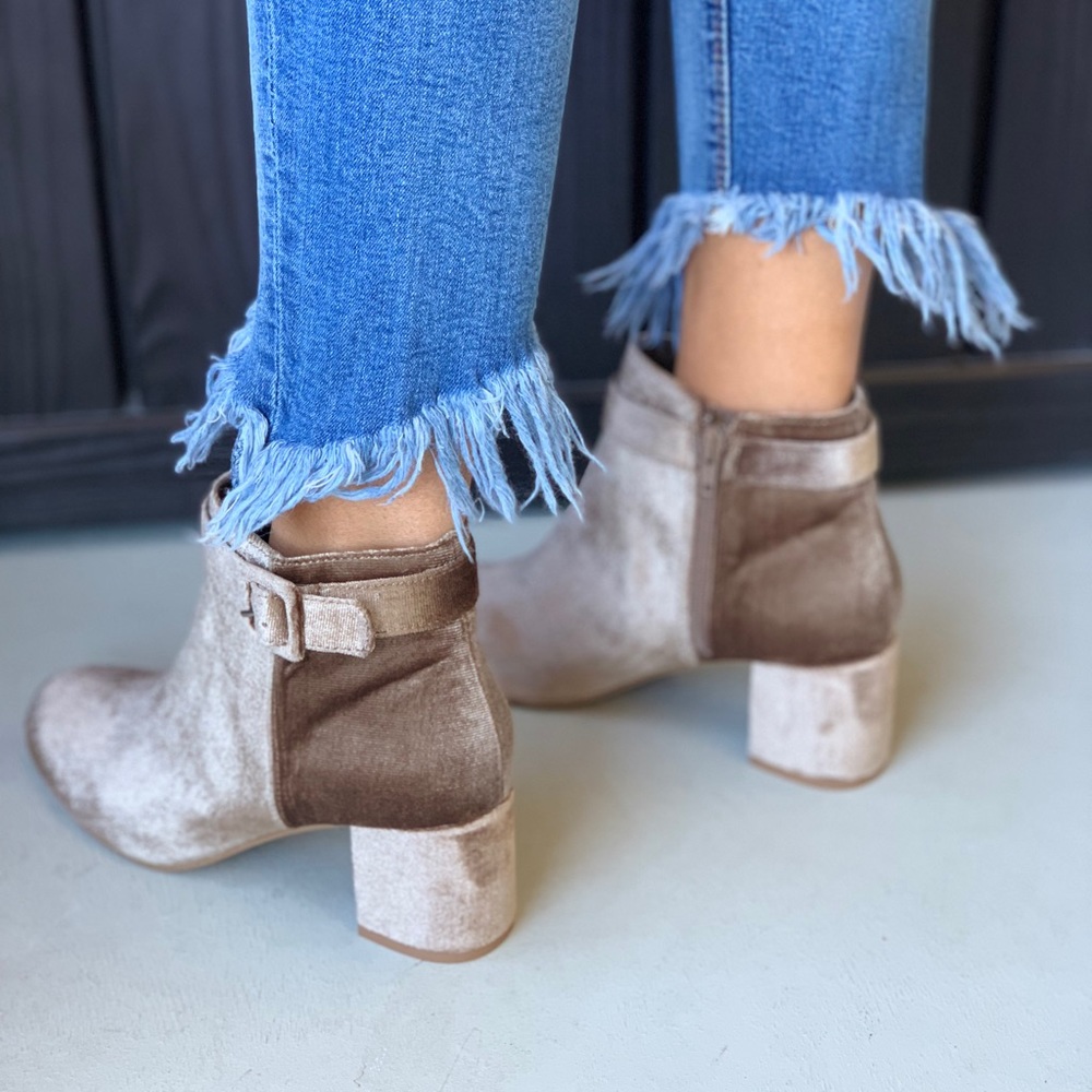Champagne Crushed Velvet Buckled Ankle Bootie - Picture 4 of 5